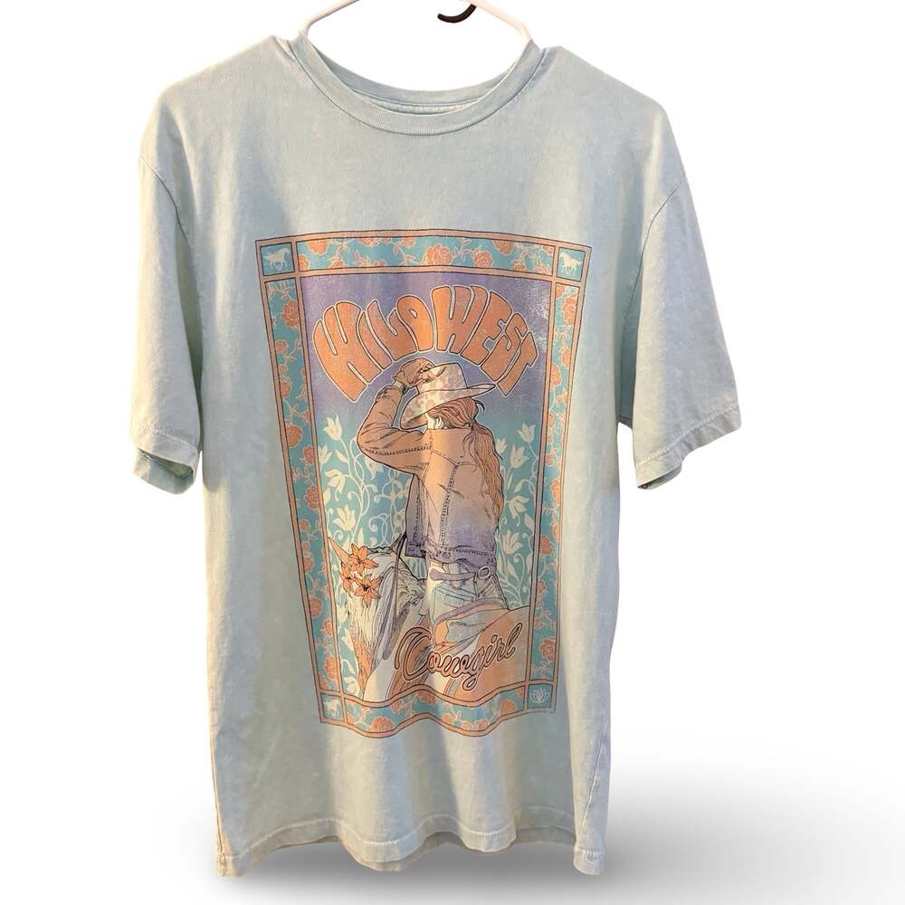 Wild West Cowgirl Graphic T Shirt Porcelain Blue Mineral Wash M